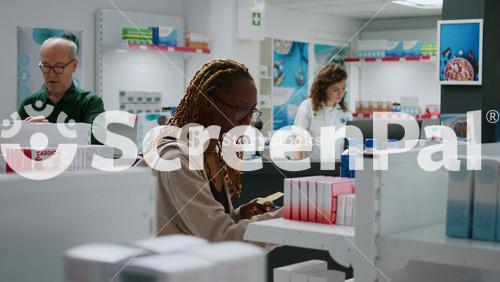 African American Customer Buying Medicine Products And Paying With Credit Card, Using Contactless Payment To Buy Medicaments From Pharmacy Shop. Sitting At Drugstore Counter To Buy Pills.